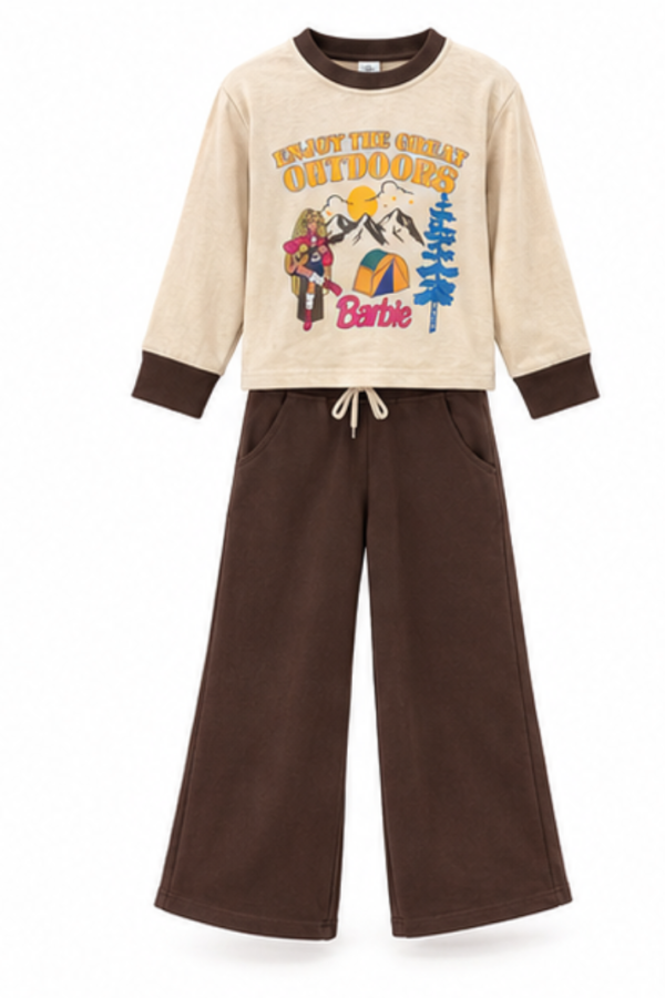 Kids’ Beige & Brown Graphic Sweatshirt and Wide-Leg Pants Set