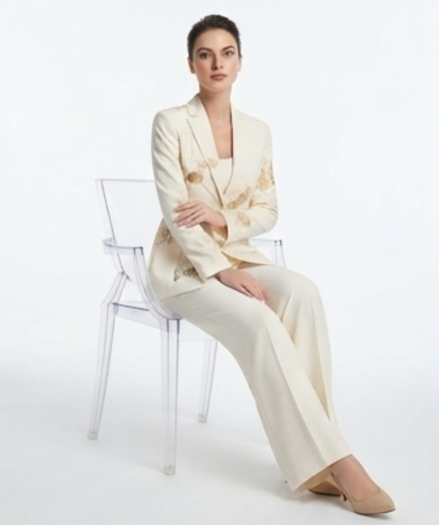 Women’s Ivory Embellished Blazer & Wide-Leg Trousers Set - Image 2