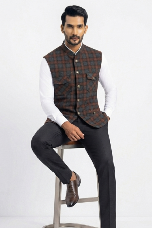 Brown & Charcoal Checked Nehru Jacket