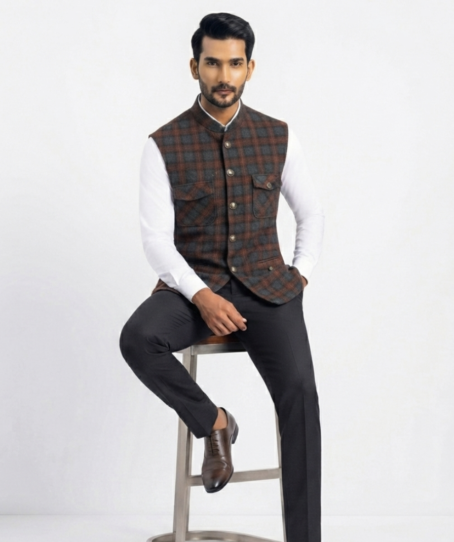 Brown & Charcoal Checked Nehru Jacket - Image 2