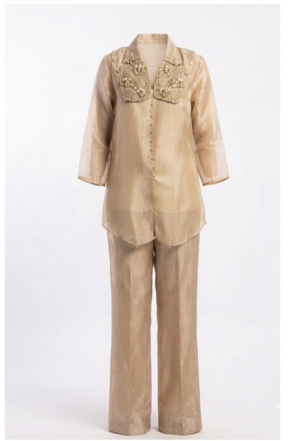 Women’s Champagne Beige Embellished Shirt-Style Top & Straight-Leg Pants Set with Full Sleeves