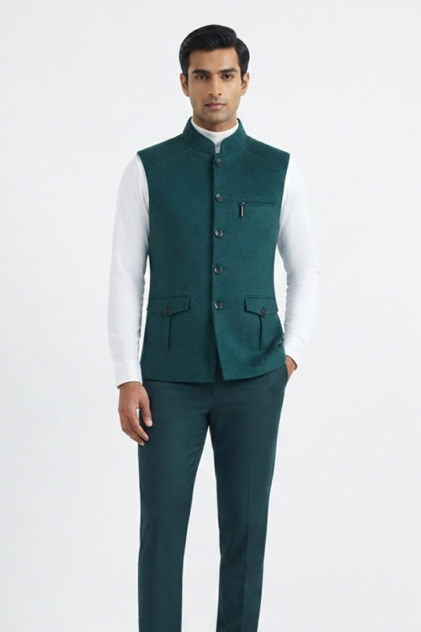 Teal Green Solid Nehru Jacket