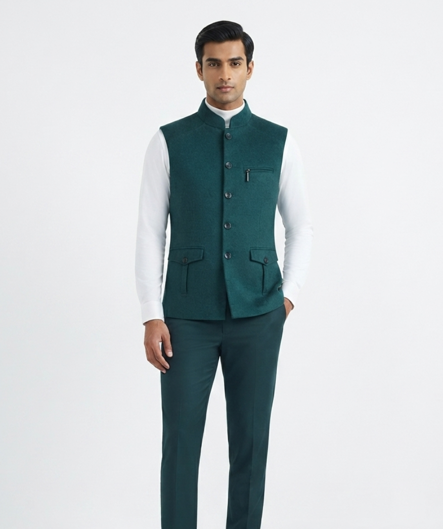 Teal Green Solid Nehru Jacket