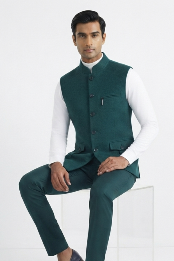 Teal Green Solid Nehru Jacket