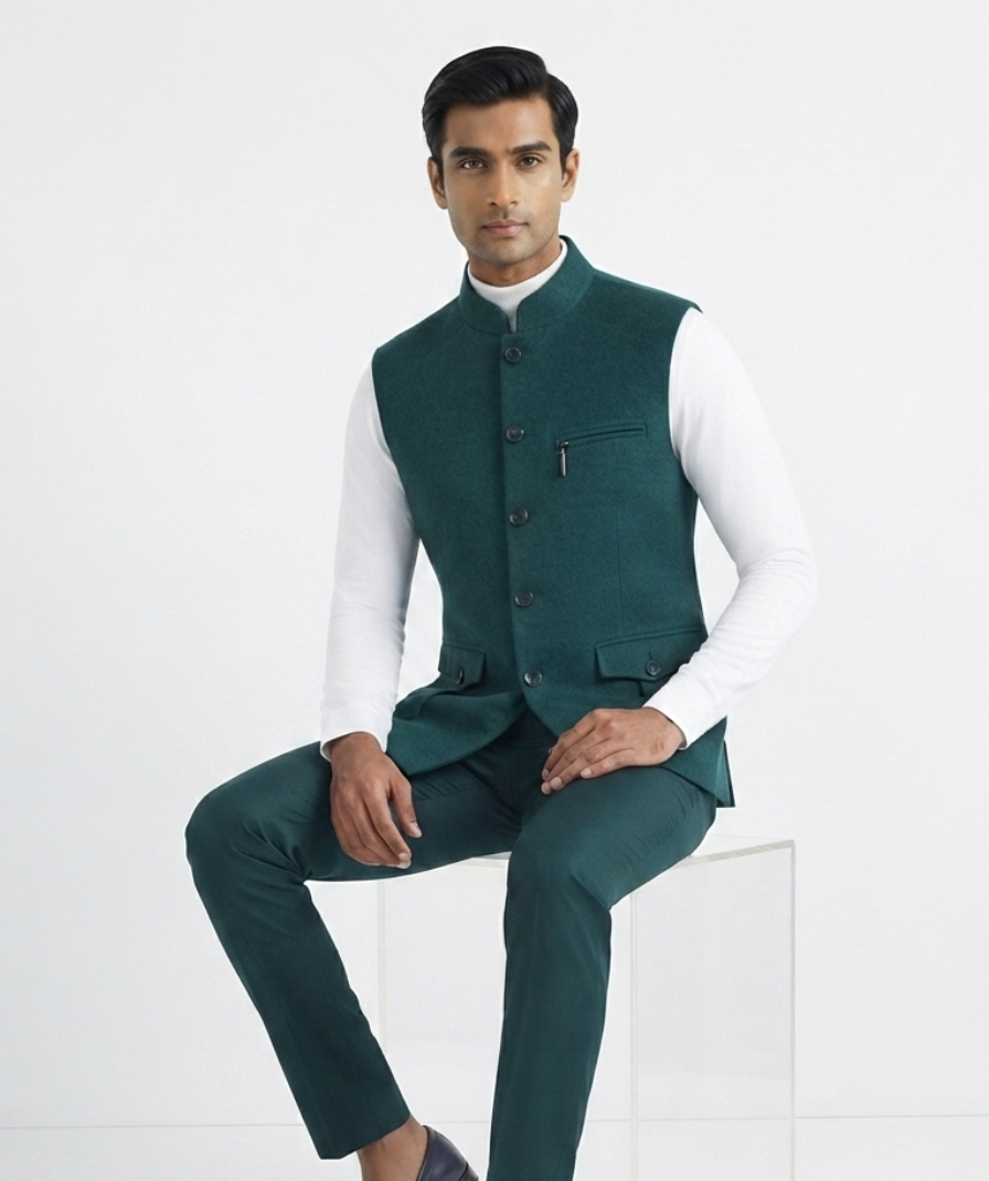 Teal Green Solid Nehru Jacket - Image 2
