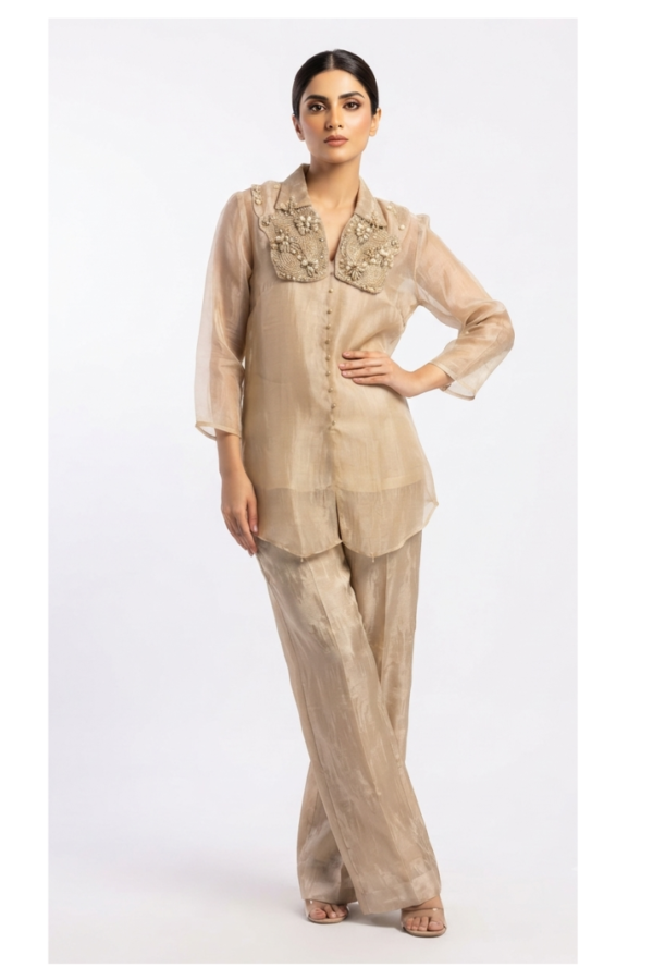 Women’s Champagne Beige Embellished Shirt-Style Top & Straight-Leg Pants Set with Full Sleeves