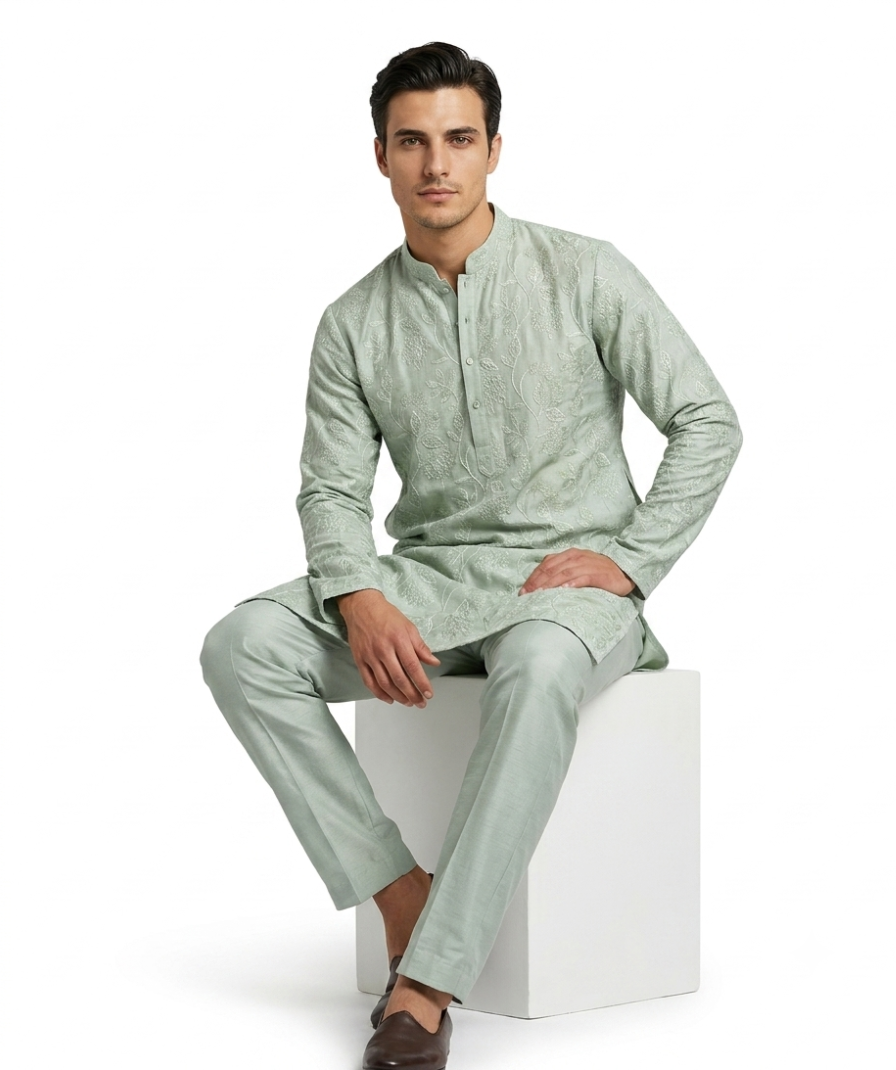 Men’s Pastel Green Textured Pattern Kurta - Image 3
