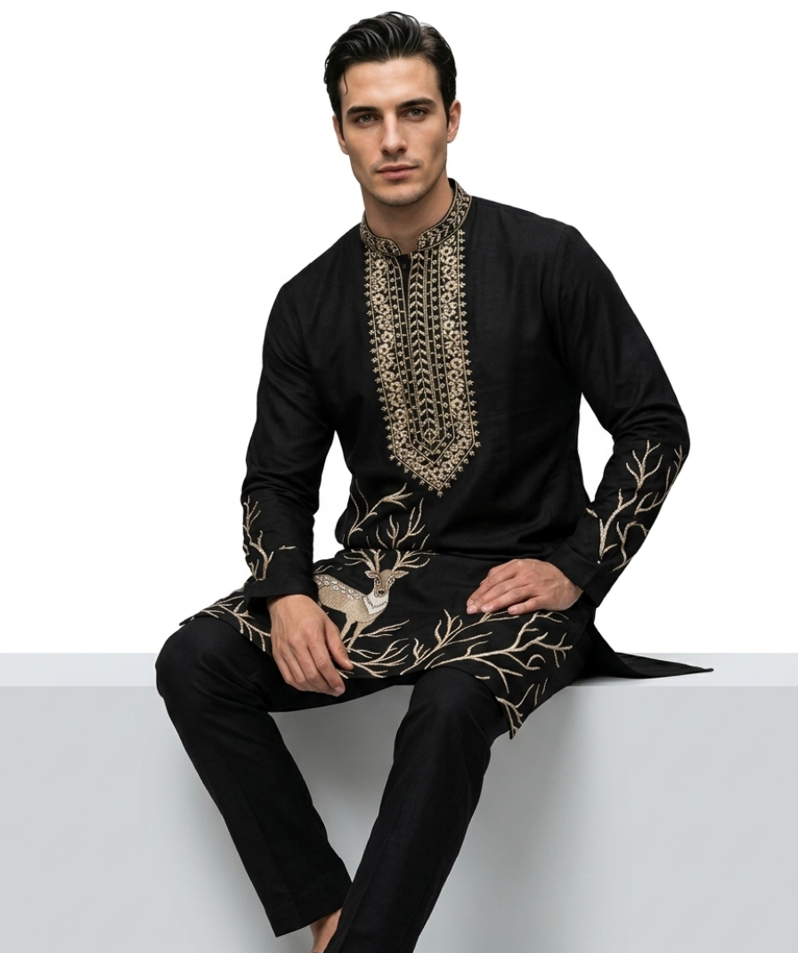 Men’s Black Deer Motif Embroidered Kurta - Image 3