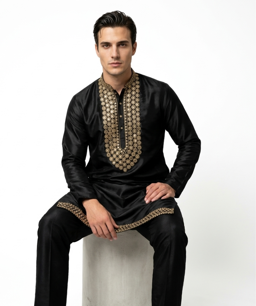 Men’s Black Embroidered Kurta - Image 3