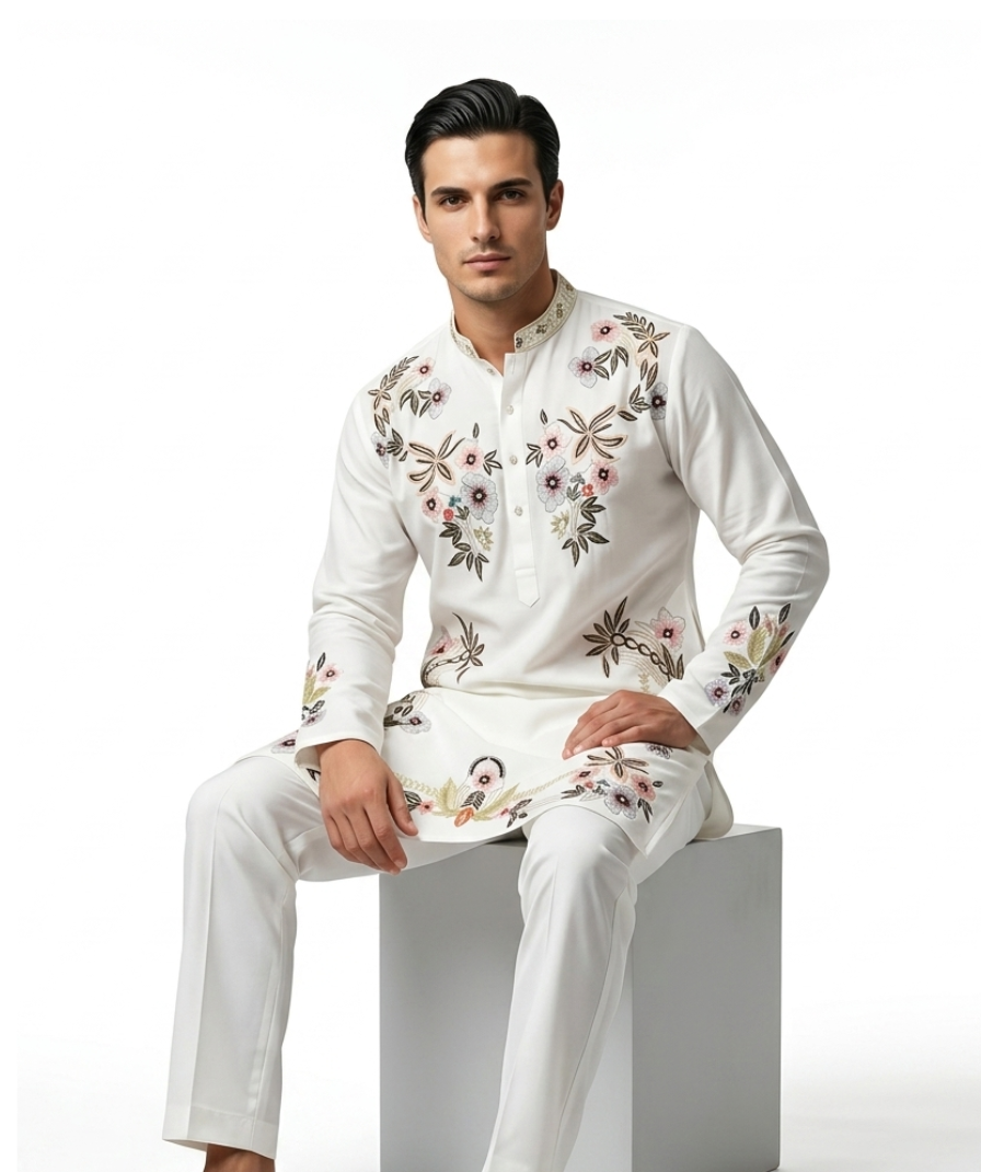 Men’s Off-White Floral Embroidered Kurta - Image 3