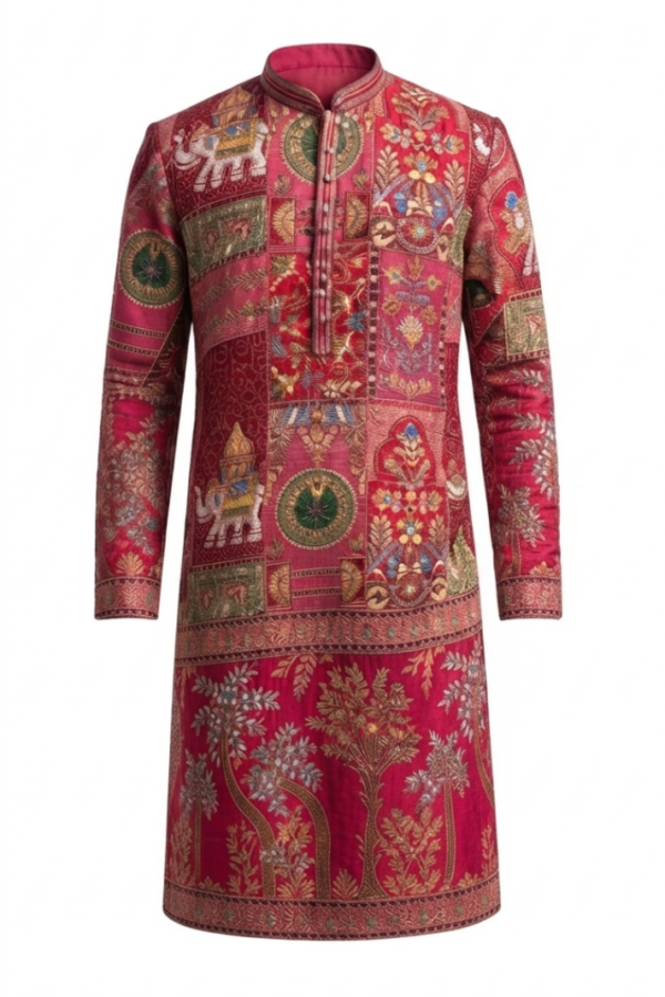 Maroon Multicolour Printed Patchwork-Style Kurta