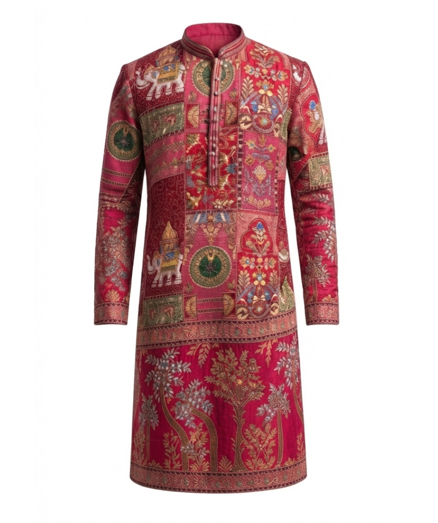 Maroon Multicolour Printed Patchwork-Style Kurta - Image 2