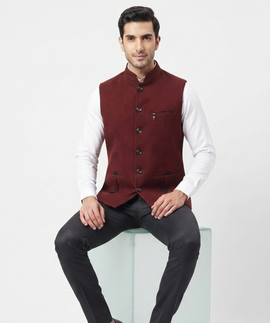 Maroon Solid Nehru Jacket - Image 2