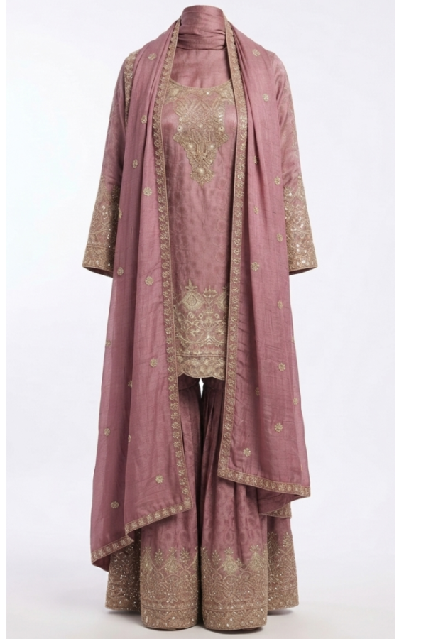 Dusty Rose Embroidered Kurta Palazzo Set