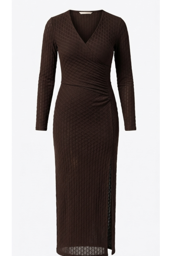 Chocolate Brown Textured Wrap-Style Maxi Dress