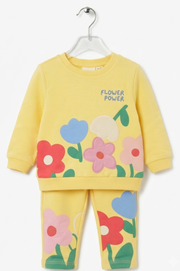 Girls’ Yellow Floral Printed Sweatshirt & Pants Co-Ord Set