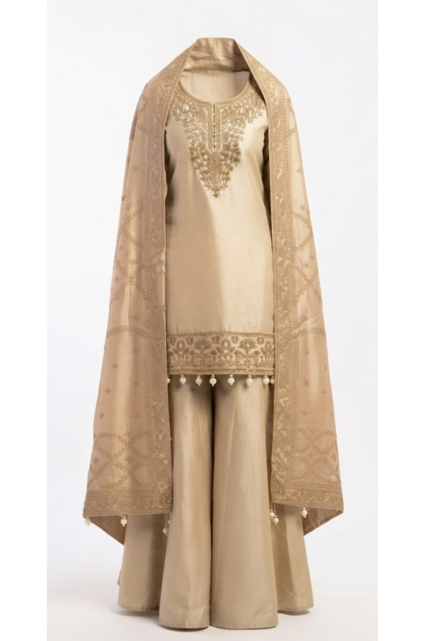 Women’s Beige Embroidered Kurta, Wide-Leg Pants & Dupatta Set