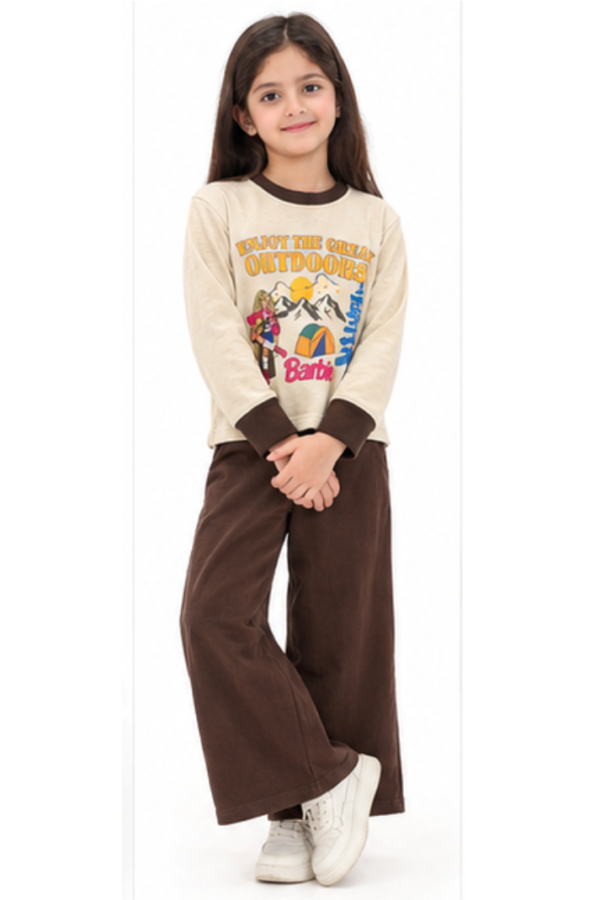 Kids’ Beige & Brown Graphic Sweatshirt and Wide-Leg Pants Set