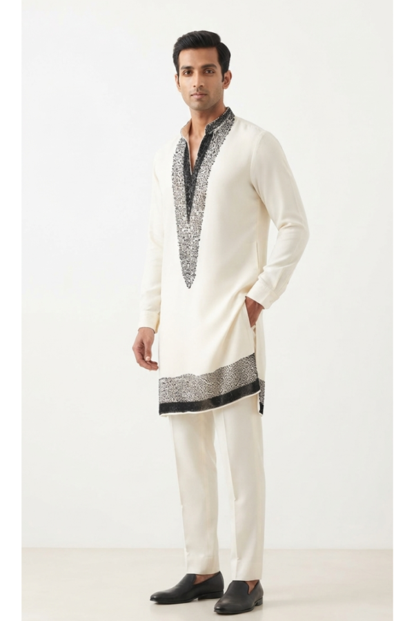 Ivory Embellished-Style Printed Kurta