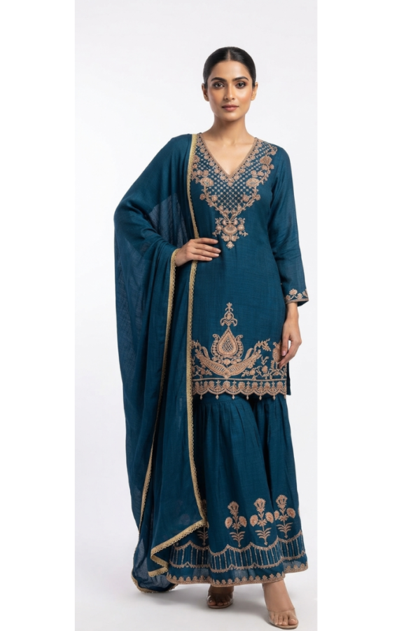 Teal Blue Embroidered Kurta Sharara Set