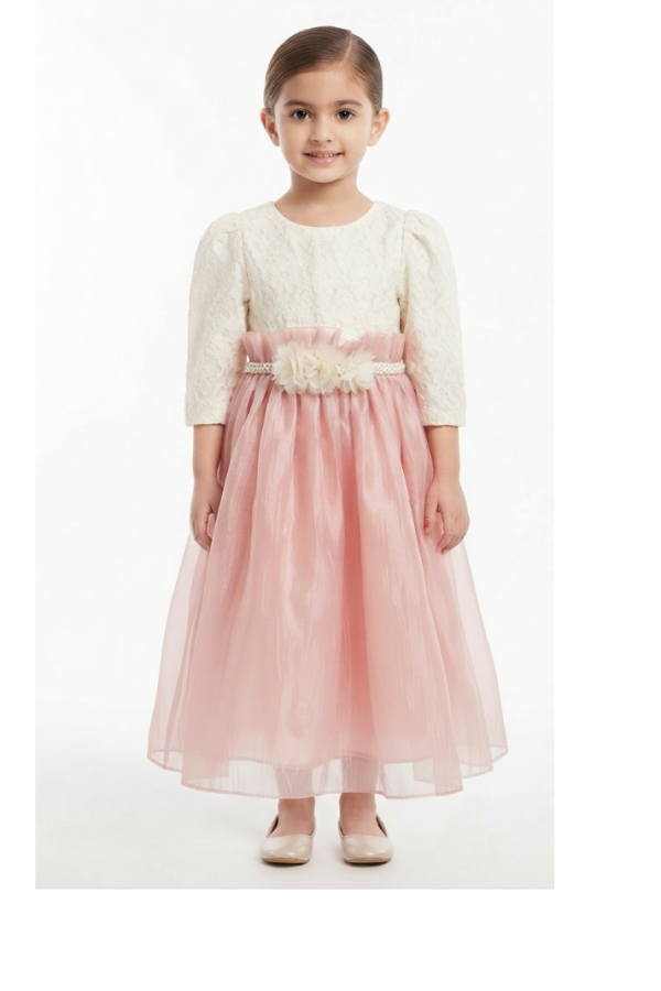 Ivory & Blush Pink Textured A-Line Girls' Dress