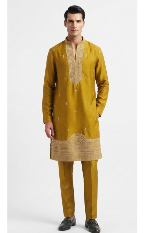 Mustard Yellow Embroidered Kurta Pajama