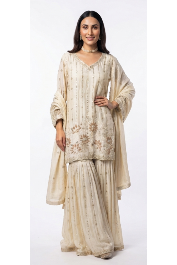 Ivory Embroidered Kurta Sharara Set