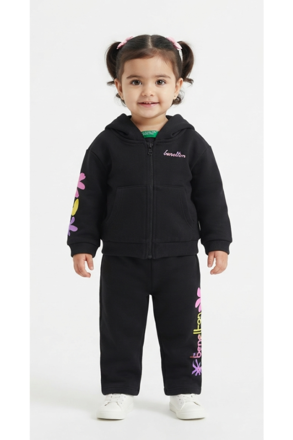 Girls’ Black Hooded Zip-Front Jacket & Pants Co-Ord Set