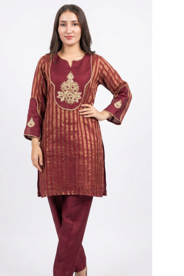 Women’s Maroon Embroidered Straight Kurta & Pants Set