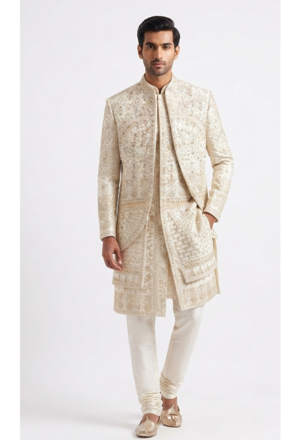 Men’s Ivory Embroidered Long Bandhgala Jacket & Matching Trousers Set
