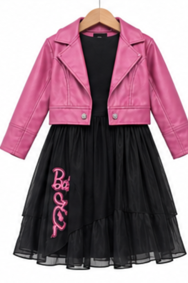 Girls’ Pink Cropped Jacket & Black Flared Dress
