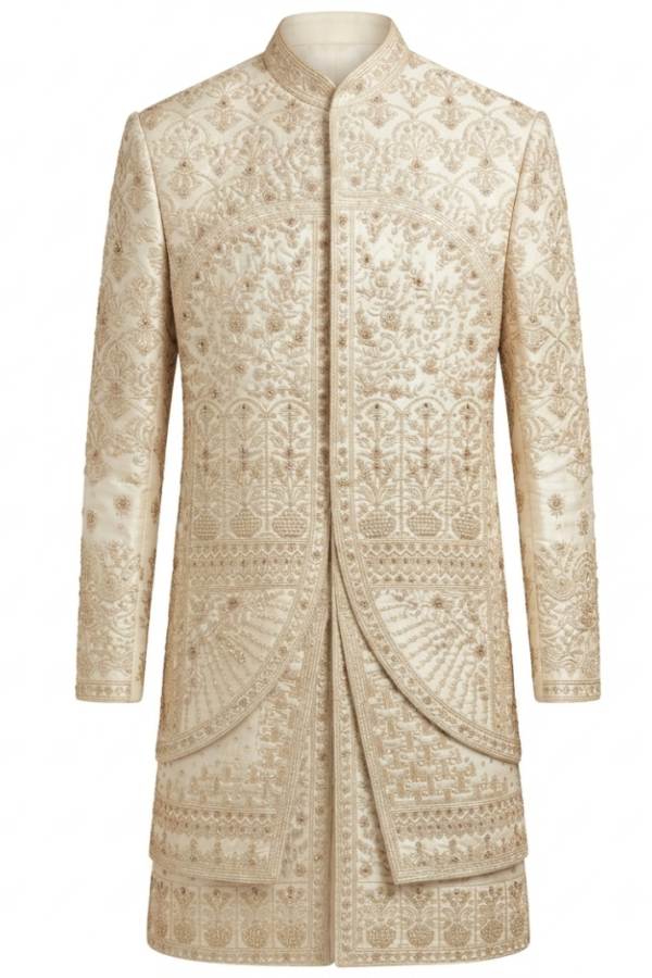 Men’s Ivory Embroidered Long Bandhgala Jacket & Matching Trousers Set