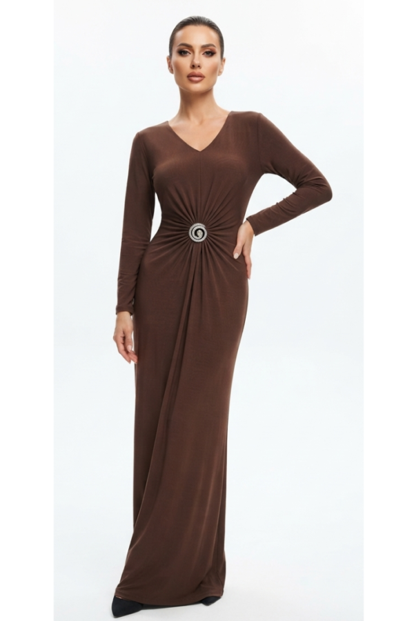 Chocolate Brown Solid V-Neck Ruched Waist Maxi Dress
