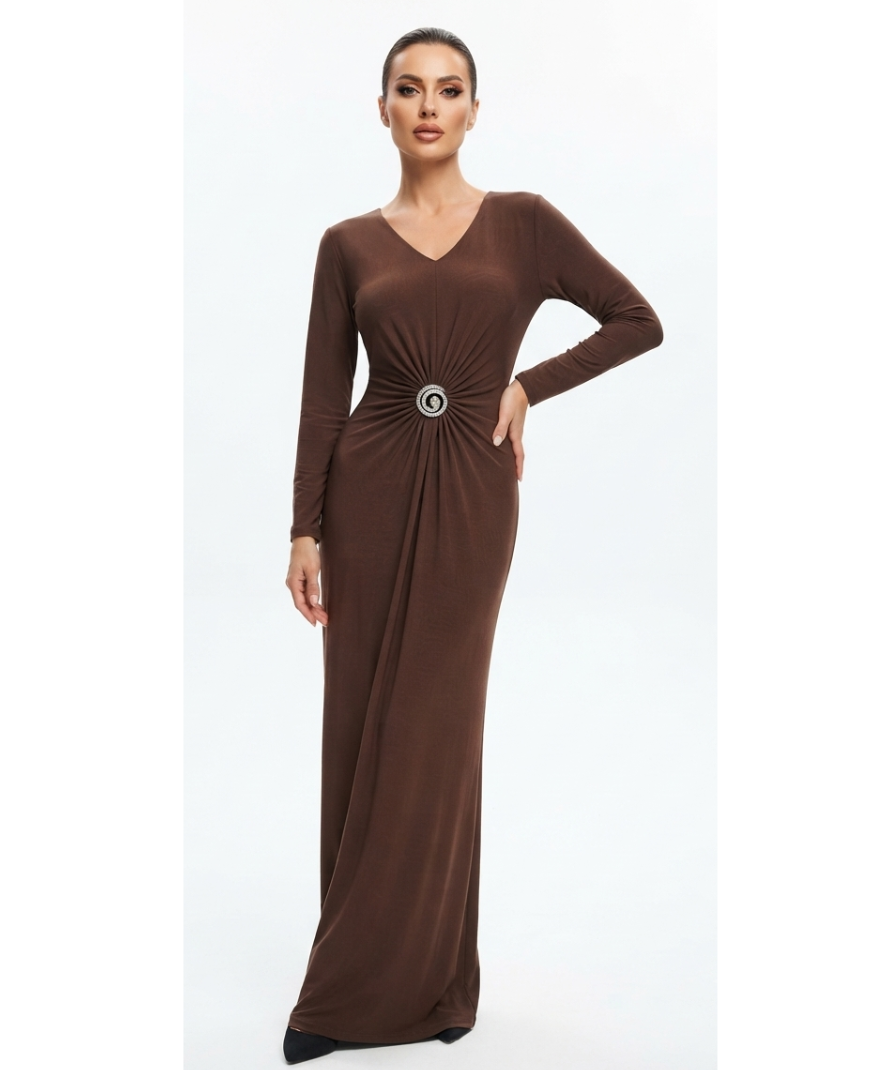 Chocolate Brown Solid V-Neck Ruched Waist Maxi Dress