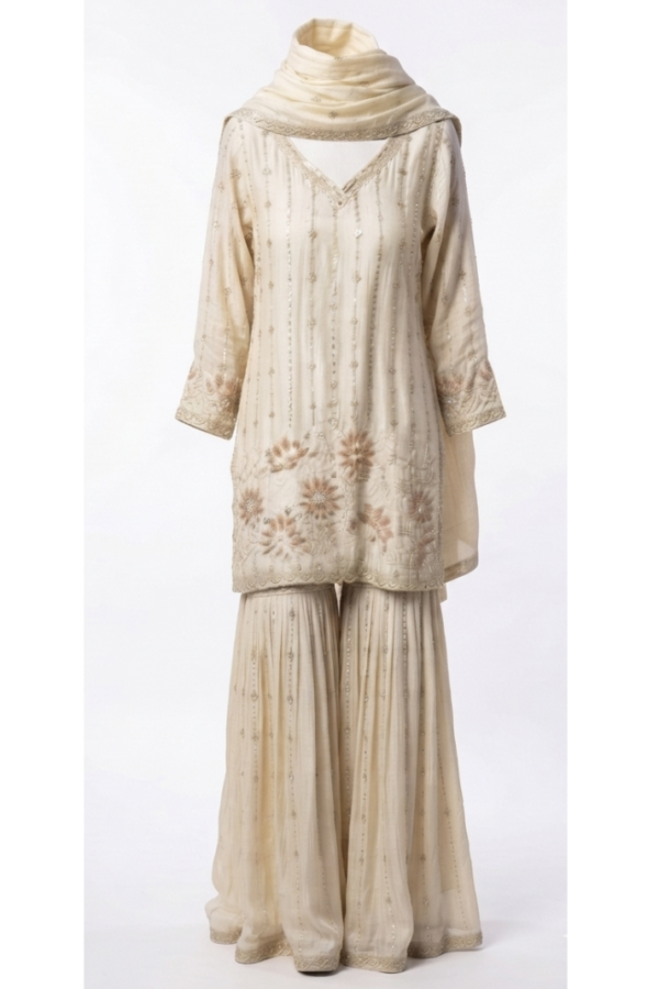 Ivory Embroidered Kurta Sharara Set