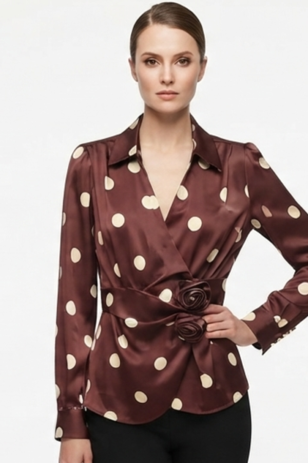 Chocolate Brown Polka Dot Wrap-Style Top with Collared V-Neck, Long Sleeves & Waist Tie Detail