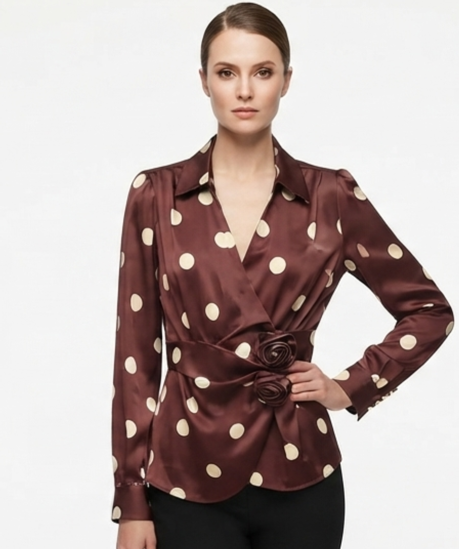 Chocolate Brown Polka Dot Wrap-Style Top with Collared V-Neck, Long Sleeves & Waist Tie Detail
