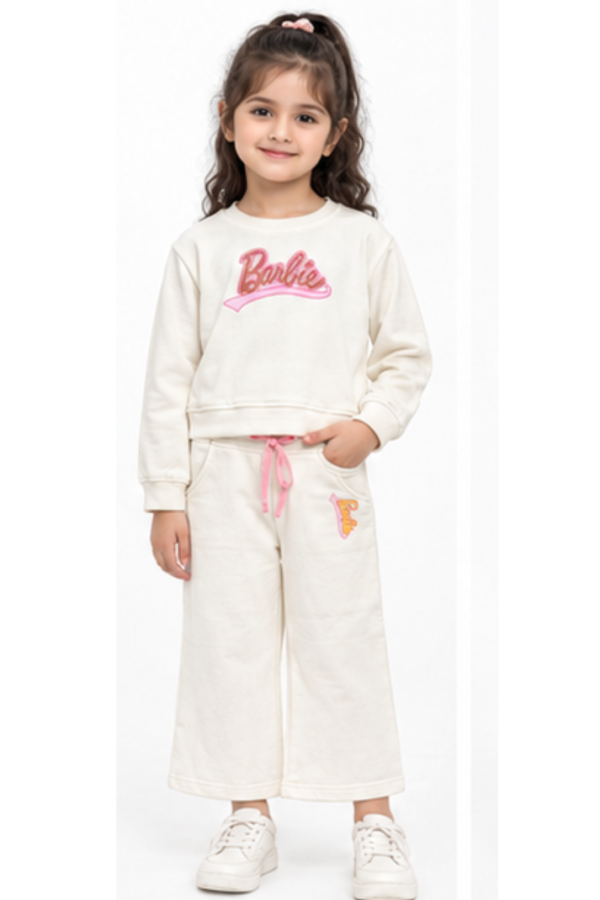 Girls’ Cream Full-Sleeve Sweatshirt & Wide-Leg Pants Set