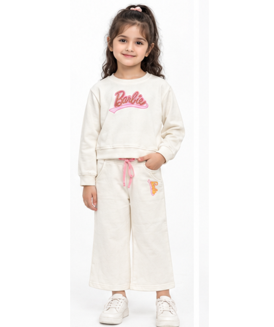 Girls’ Cream Full-Sleeve Sweatshirt & Wide-Leg Pants Set