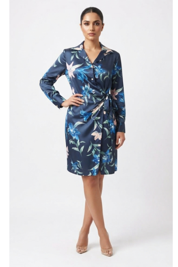 Navy Blue Floral Print Shirt Dress