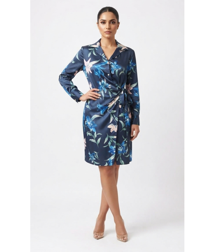 Navy Blue Floral Print Shirt Dress