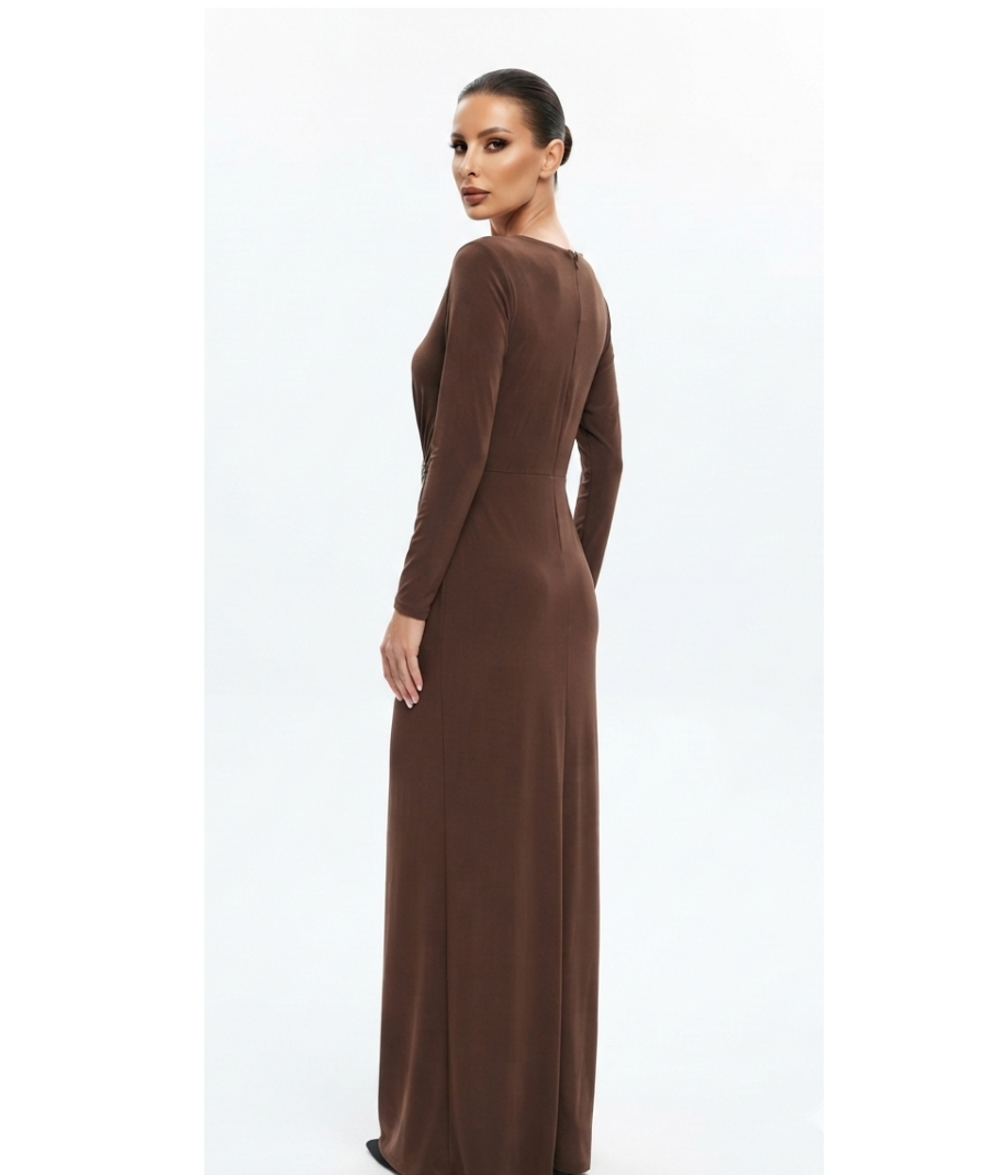 Chocolate Brown Solid V-Neck Ruched Waist Maxi Dress - Image 2