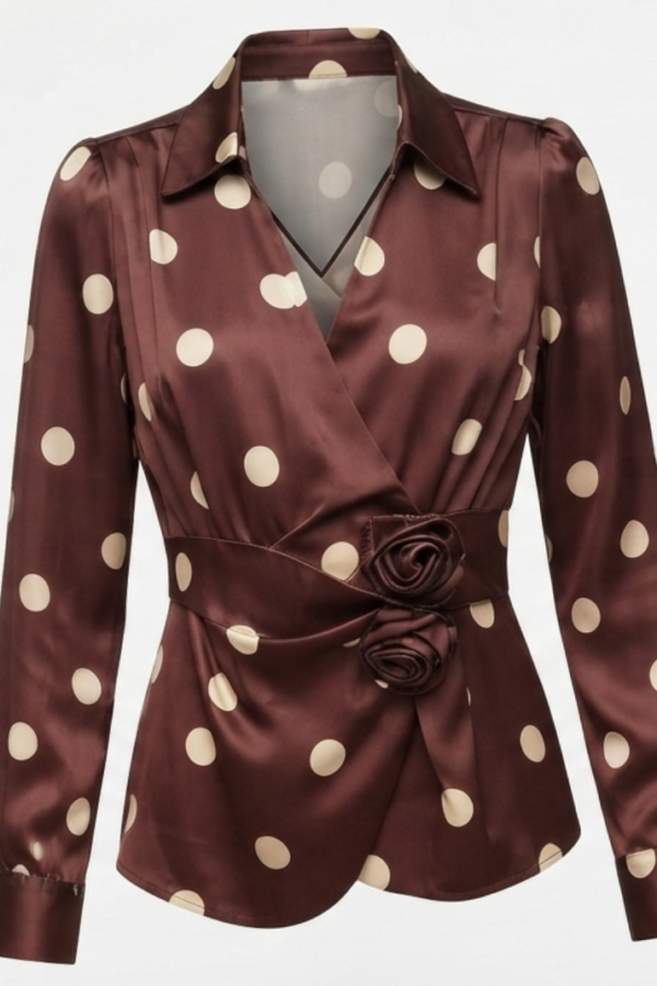 Chocolate Brown Polka Dot Wrap-Style Top with Collared V-Neck, Long Sleeves & Waist Tie Detail