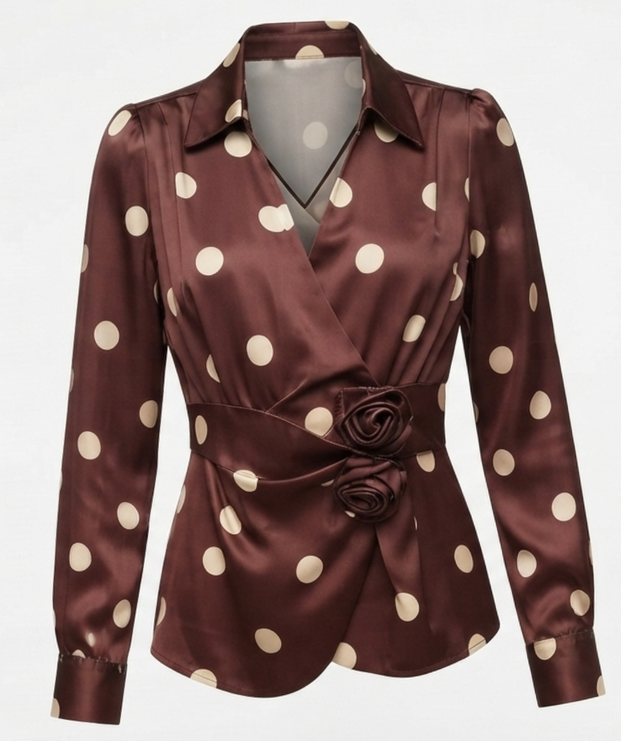 Chocolate Brown Polka Dot Wrap-Style Top with Collared V-Neck, Long Sleeves & Waist Tie Detail - Image 2