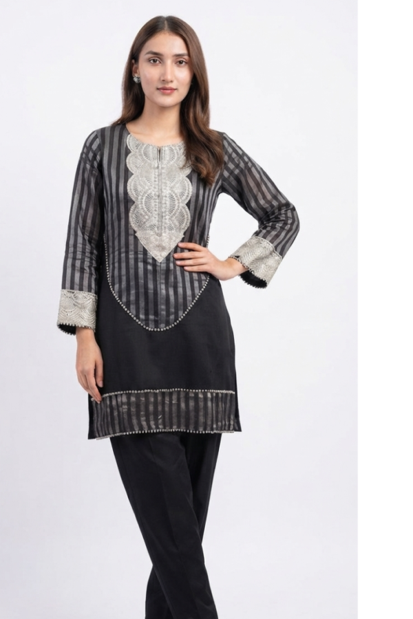 Women’s Black & Grey Striped Embroidered Straight Kurta