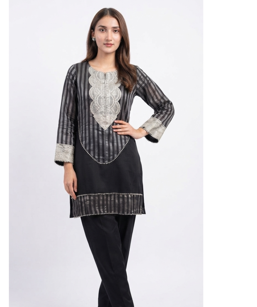 Women’s Black & Grey Striped Embroidered Straight Kurta