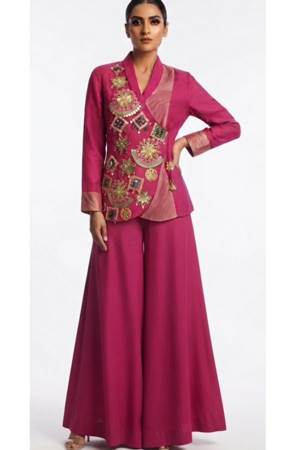 Women’s Fuchsia Pink Embellished Jacket & Wide-Leg Pants Set
