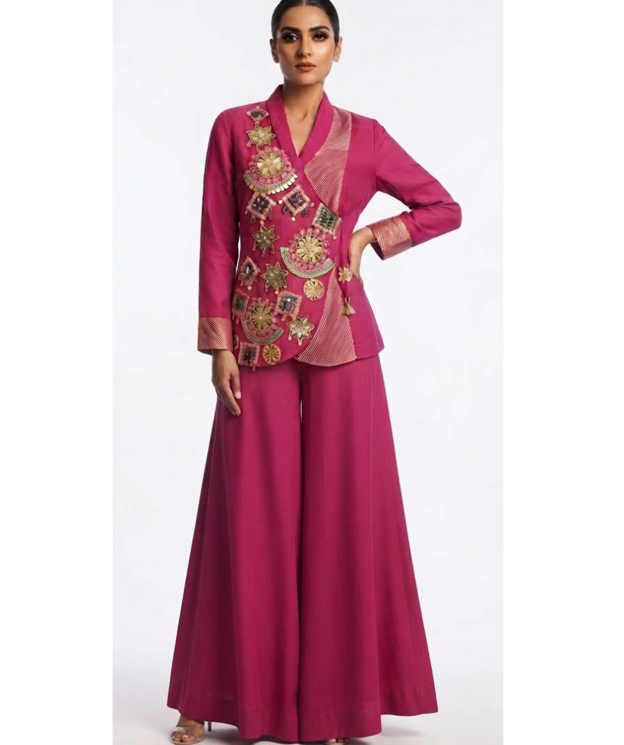 Women’s Fuchsia Pink Embellished Jacket & Wide-Leg Pants Set