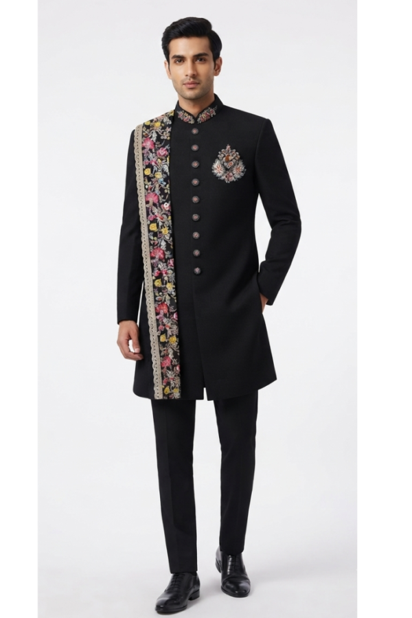 Men’s Black Embroidered Bandhgala Sherwani Jacket with Mandarin Collar