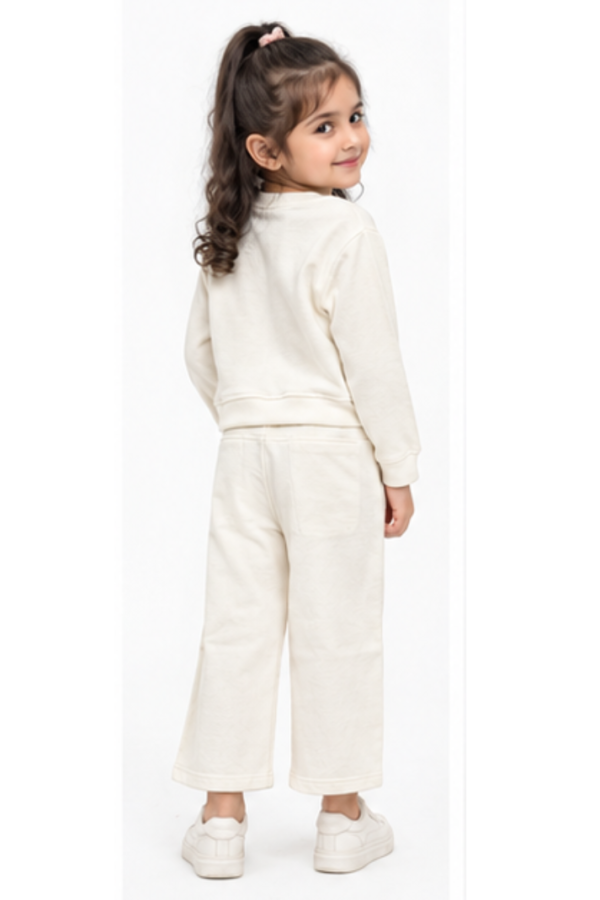 Girls’ Cream Full-Sleeve Sweatshirt & Wide-Leg Pants Set